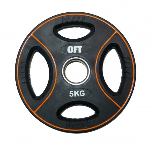 Диск олимпийский полиуретановый черный с четырьмя хватами 5 кг Original Fit.Tools ф50 мм Диск олимпийский полиуретановый черный с четырьмя хватами 5 кг Original Fit.Tools ф50 мм